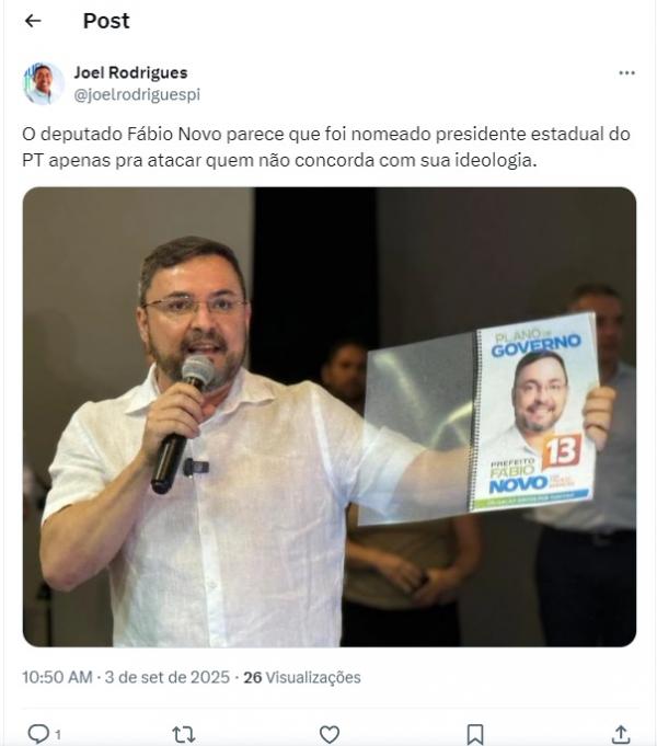 Joel responde F&aacute;bio Novo, diz que ele foi eleito s&oacute; para atacar e que sua postagem tenta criar 