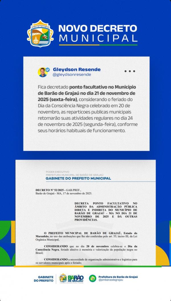  Prefeitura de Bar&atilde;o de Graja&uacute; decreta ponto facultativo no dia 21 de novembro.(Imagem:Divulga&ccedil;&atilde;o)