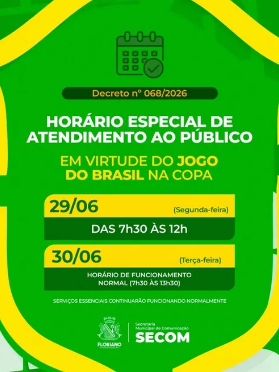Prefeitura de Floriano altera expediente na segunda (29) por conta do jogo da Seleção Brasileira