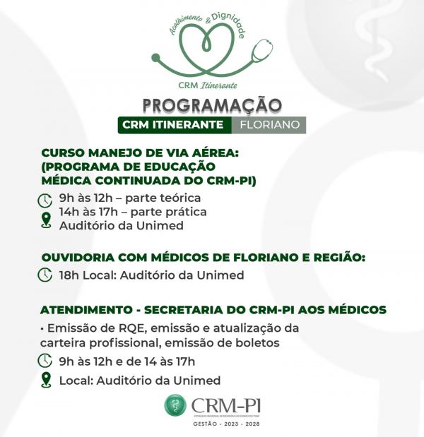 CRM Itinerante ter&aacute; curso, ouvidoria e servi&ccedil;os para os m&eacute;dicos de Floriano e regi&atilde;o(Imagem:Divulga&ccedil;&atilde;o)