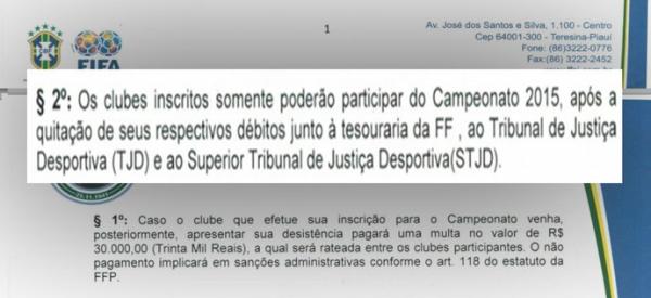 Trecho do regulamento do Piauiense. Segundo especialista, regulamento n&atilde;o fala sobre CNPJ.(Imagem: Reprodu&ccedil;&atilde;o)