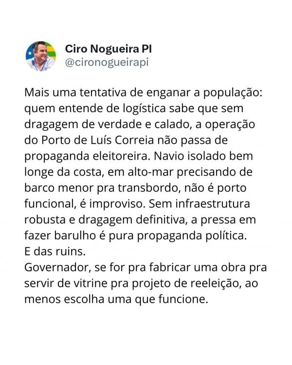 Ciro Nogueira usa o X (ex-Twitter) e critica anúncio de Porto por Rafael Fonteles: