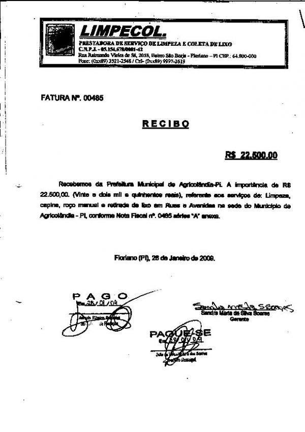 Recibo prova que a Limpecol recebeu dinheiro da prefeitura de Agricol&acirc;ndia, mas vereadores denunciam que os servi&ccedil;os de coleta do lixo da cidade foi feita pela pr&oacute;pria prefeitura(Imagem:Agricol&acirc;ndia News)