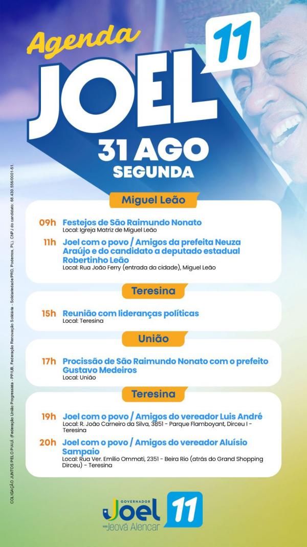  AGENDA - JOEL RODRIGUES - 31/08(Imagem:Ascom)