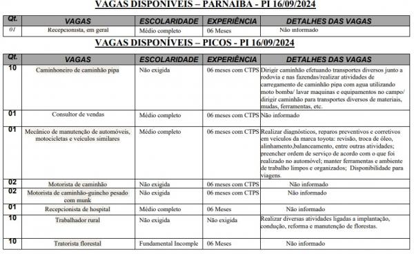 Vagas dispon&iacute;veis em Parna&iacute;ba e Picos(Imagem: Sine)