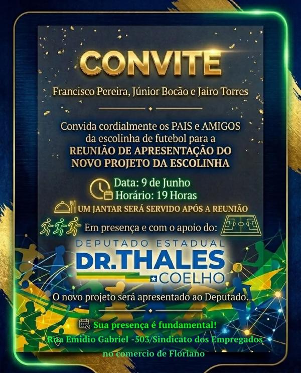 Reuni&atilde;o apresentar&aacute; novo projeto de escolinha de futebol em Floriano nesta ter&ccedil;a-feira (09).(Imagem:Divulga&ccedil;&atilde;o)