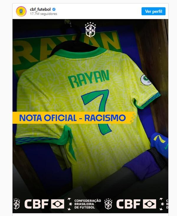 Rayan, do Vasco, &eacute; v&iacute;tima de racismo de boliviano em jogo da Sele&ccedil;&atilde;o Sub-20(Imagem:Reprodu&ccedil;&atilde;o/Instagram)