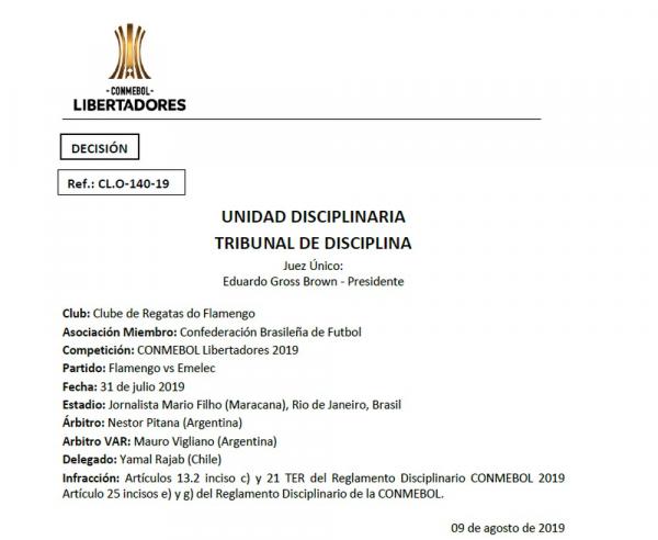 Conmebol multa Flamengo em 10 mil dólares por sinalizadores e bombas usados pela torcida no Maracanã