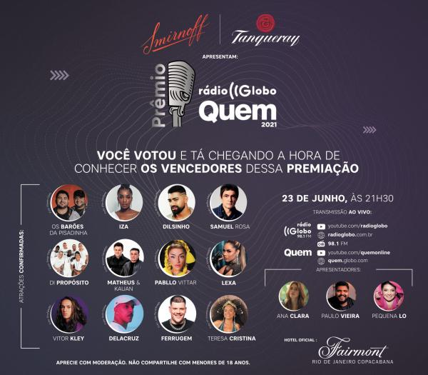 Pr&ecirc;mio R&aacute;dio Globo Quem acontece no dia 23 de junho.(Imagem:Divulga&ccedil;&atilde;o)