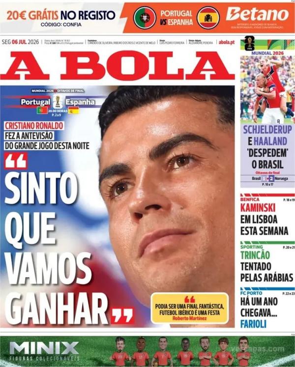 Capa do jornal A Bola fala da eliminina&ccedil;&atilde;o do Brasil pela Holanda na Copa do Mundo de 2026. (Imagem:A Bola/Divulga&ccedil;&atilde;o)