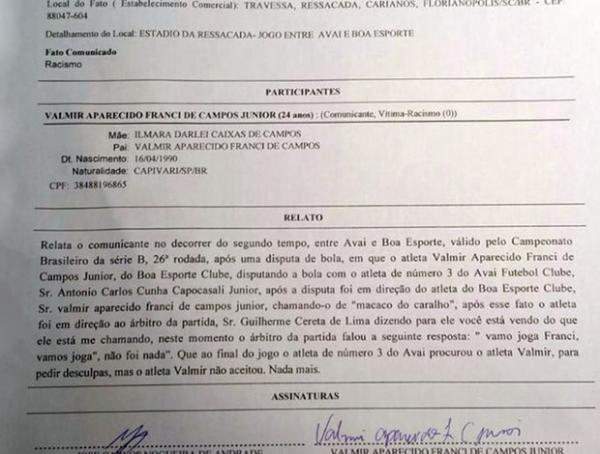 Francis, do Boa Esporte, registrou boletim de ocorr&ecirc;ncia ap&oacute;s a partida.(Imagem:Reprodu&ccedil;&atilde;o)