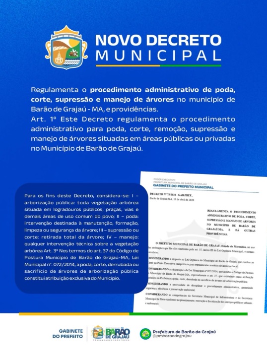 Prefeitura de Barão de Grajaú regulamenta manejo de árvores com novo decreto