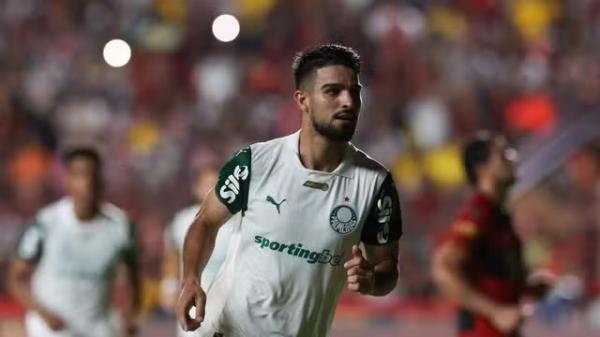 Flaco L&oacute;pez comemora o primeiro gol do Palmeiras.(Imagem:Cesar Greco/Palmeiras)