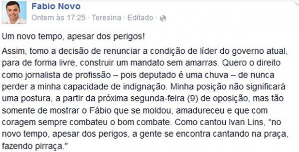 F&aacute;bio Novo anunciou sa&iacute;da da lideran&ccedil;a do governo na Alepi na rede social.(Imagem: Reprodu&ccedil;&atilde;o / Facebook)
