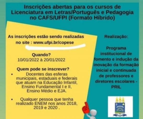 Abertas as inscrições para os cursos de Licenciatura em Letras/Português e Pedagogia no CAFS/UFPI