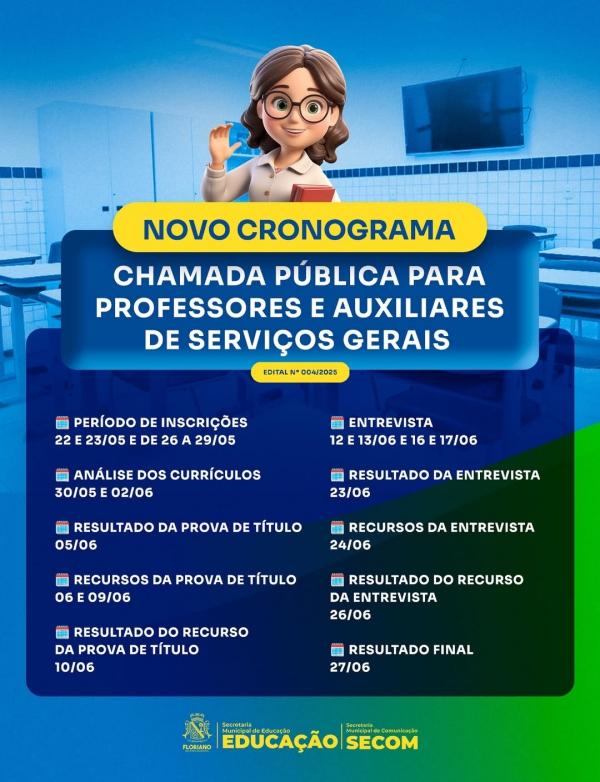 Divulgado novo cronograma da Chamada Pública para professores e auxiliares em Floriano