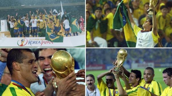 E essa festa brasileira no gramado em Yokohama depois do t&iacute;tulo da Copa do Mundo? O dia 30 de junho de 2002 foi inesquec&iacute;vel para a Sele&ccedil;&atilde;o Brasileira e para todo o pa&iacute;s!(Imagem:FIFA/Getty Images e Acervo CBF)