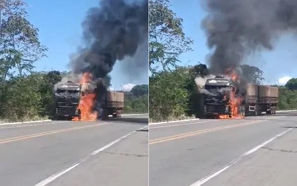 Carreta pega fogo na BR-343 e causa congestionamento entre Altos e Teresina