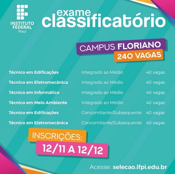 Inscrições para o Processo Seletivo de Cursos Técnicos do IFPI encerram dia 12