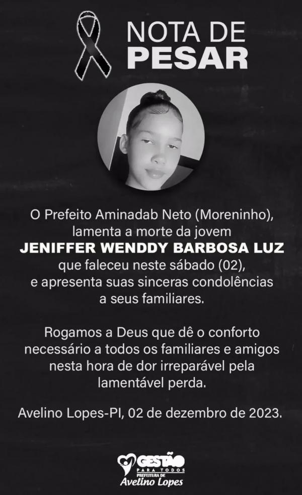 Nota de pesar pela morte de Jennifer Wenddy Barbosa Luz, de 13 anos.(Imagem:Divulga&ccedil;&atilde;o)
