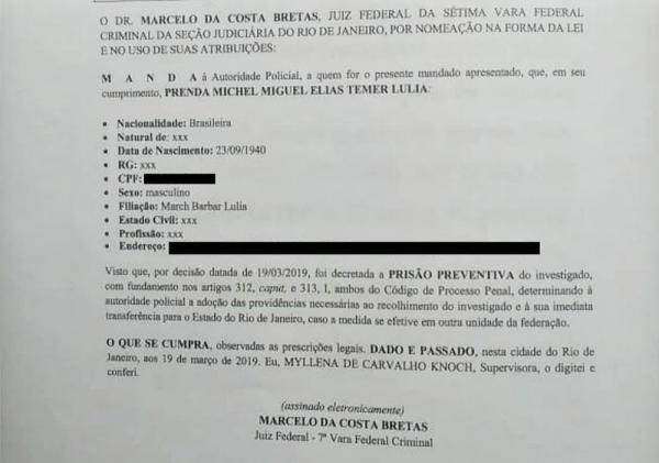 Mandado de pris&atilde;o contra Michel Temer foi assinado pelo juiz Marcelo Bretas na ter&ccedil;a-feira (19).(Imagem:Reprodu&ccedil;&atilde;o/GloboNews)