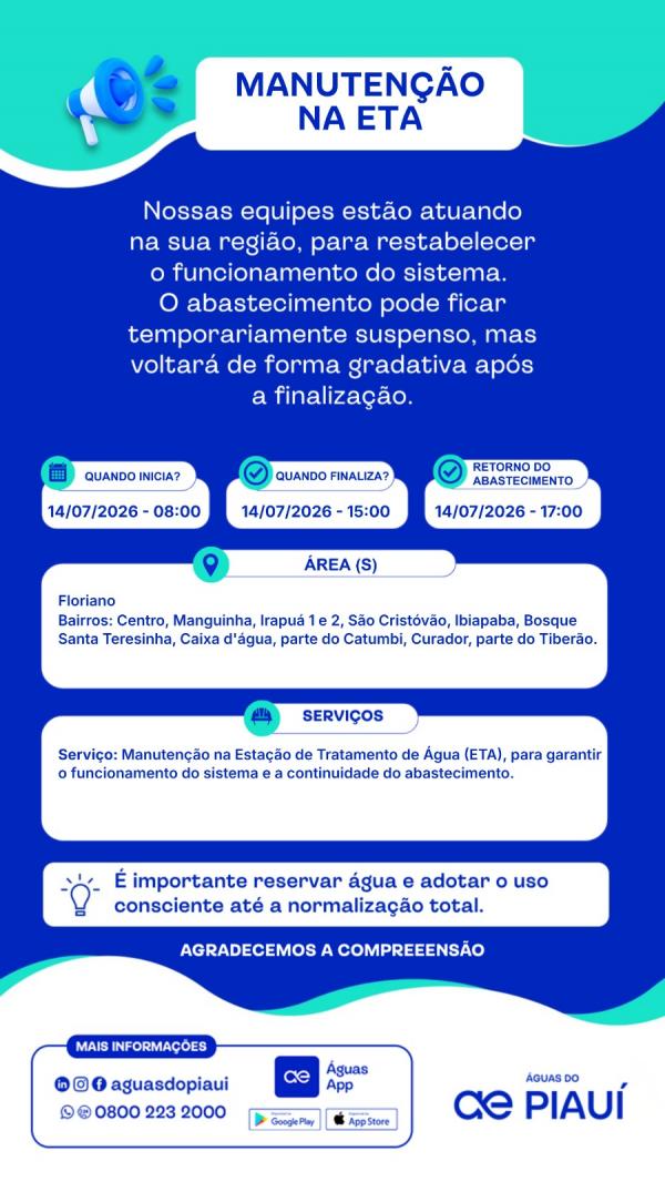 Manutenção na ETA pode afetar abastecimento de água em bairros de Floriano nesta terça-feira (14)