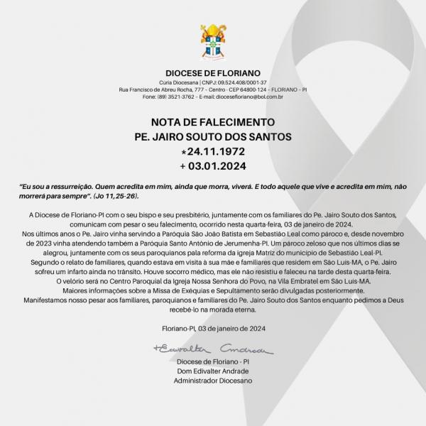 Diocese de Floriano informa o falecimento do Reverendo Padre Jairo Souto dos Santos.(Imagem:Divulga&ccedil;&atilde;o)