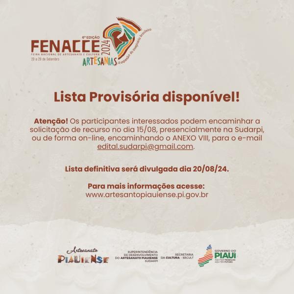 Sudarpi divulga lista provisória dos artesãos selecionados para a Fenacce