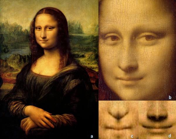 A: A Mona Lisa de Leonardo da Vinci (Museu do Louvre, Paris). B: O rosto de Mona Lisa C: Imagem quim&eacute;rica do lado esquerdo do sorriso de Mona Lisa. D: Imagem quim&eacute;rica do lado dire(Imagem:Universit&agrave; la Sapienza)