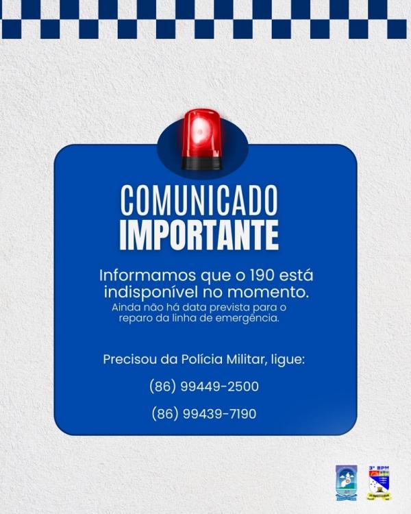 3º Batalhão da PM informa indisponibilidade do 190 e divulga números alternativos