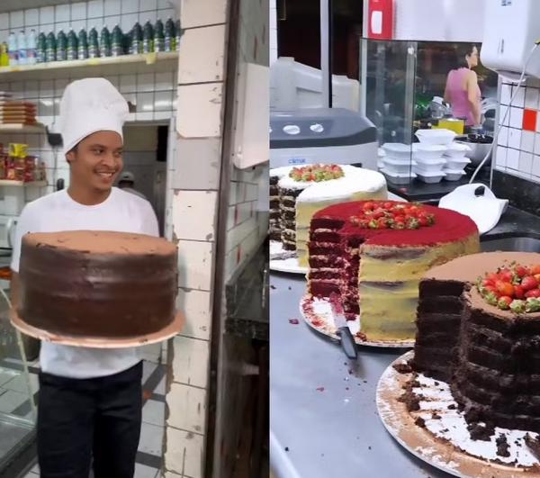 Confeiteiro viraliza com bolo gigante, fatias de 1kg e cinco camadas de recheio em Teresina