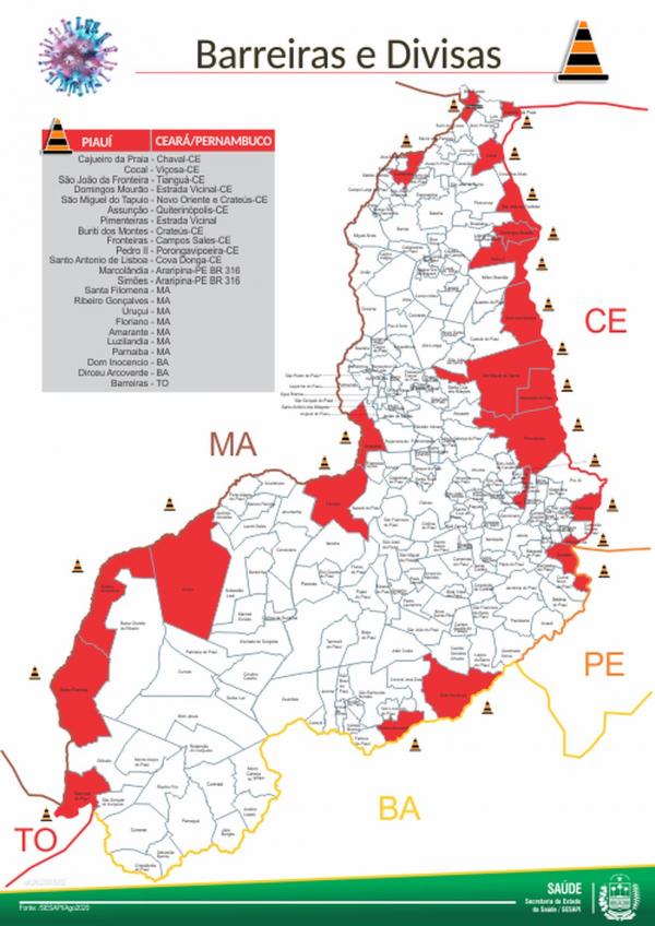 Mapa de barreiras em divisas do Piau&iacute;.(Imagem:Sesapi)