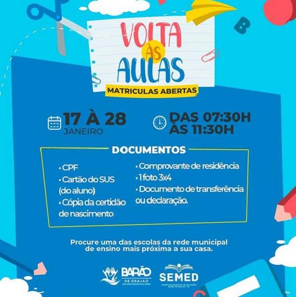 Começa nesta segunda o período de matrículas na rede municipal de Barão de Grajaú.(Imagem:Reprodução/Instagram)