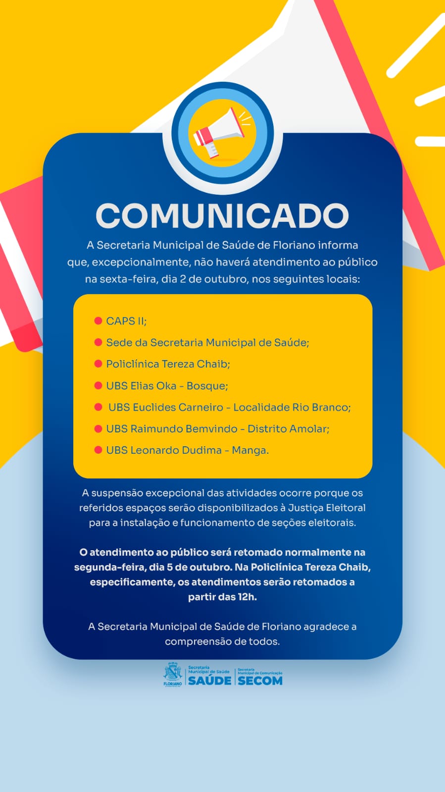 Unidades de saúde de Floriano terão atendimento suspenso na sexta-feira (2) para instalação de seções eleitorais