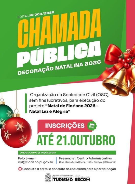 Prefeitura de Floriano abre chamada pública para decoração natalina de 2026