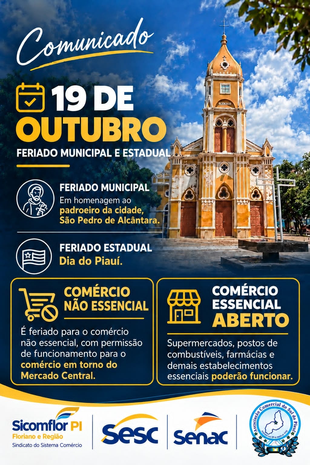 Feriado de 19 de outubro altera funcionamento do comércio em Floriano