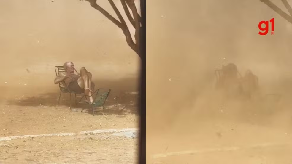 Idoso viraliza ao ficar sentado e calmo em meio a redemoinho de areia no PI; veja vídeo
