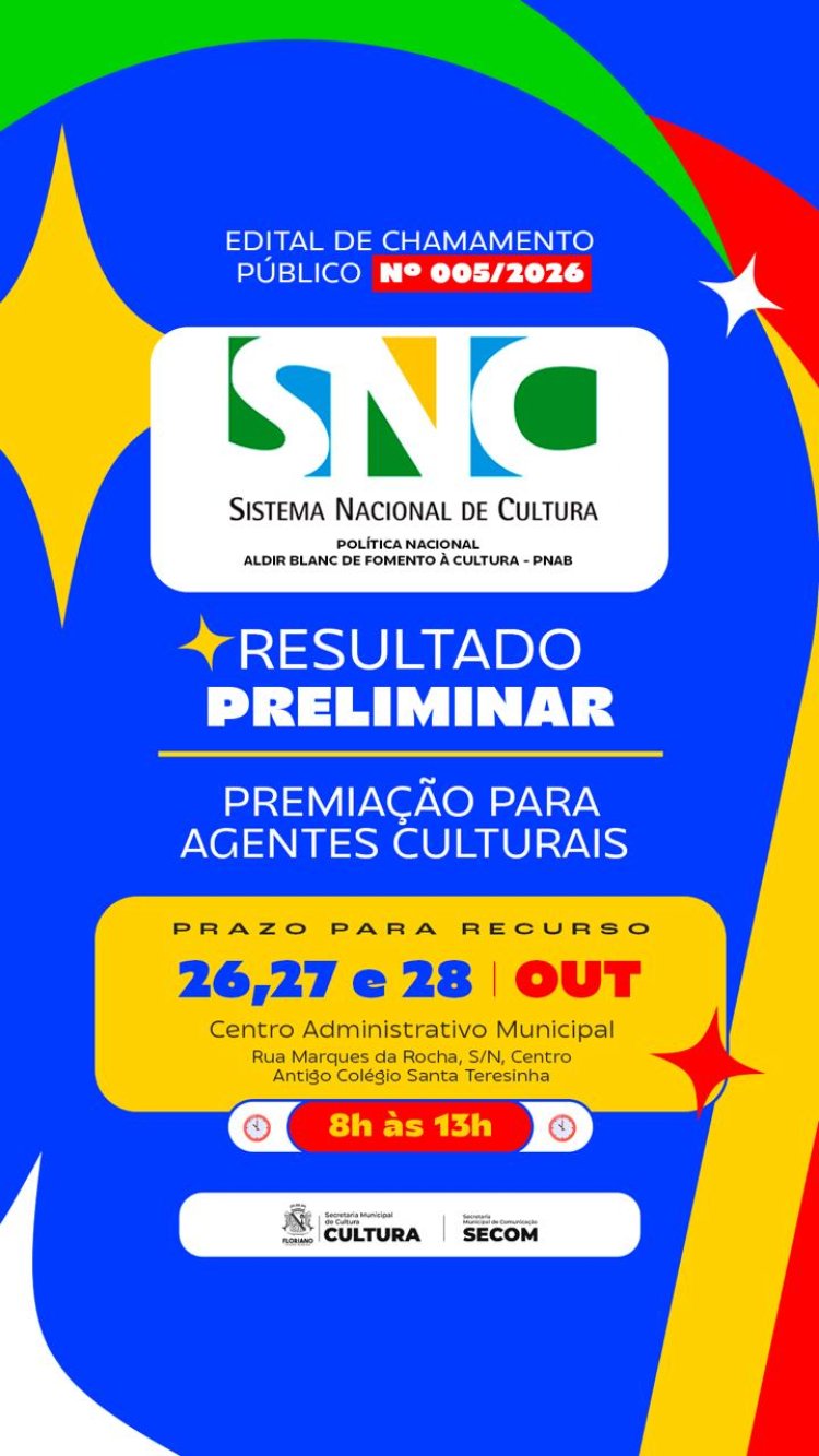 Prefeitura de Floriano divulga resultado preliminar de edital da Lei Aldir Blanc para agentes culturais
