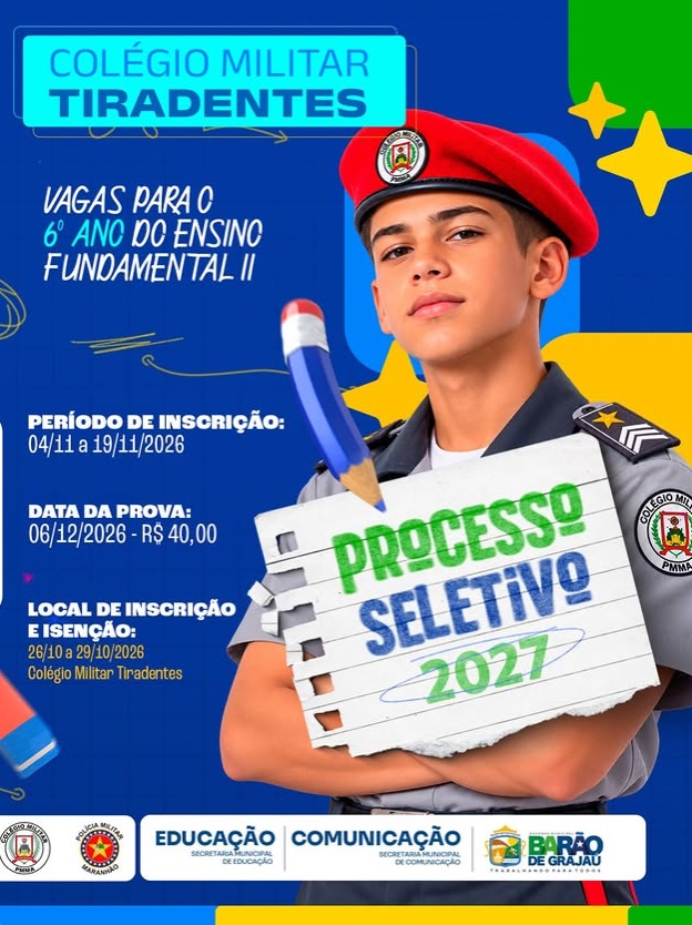 Colégio Militar Tiradentes abre processo seletivo para o 6º ano em Barão de Grajaú