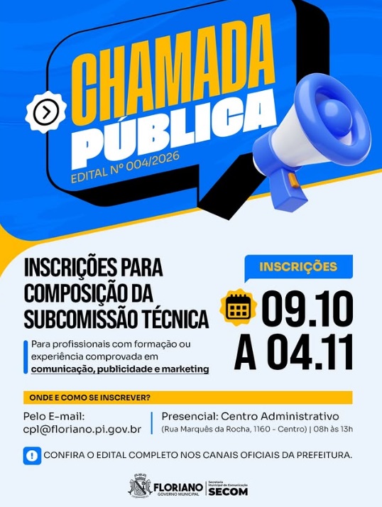 Prefeitura de Floriano abre inscrições para composição de Subcomissão Técnica de Publicidade

