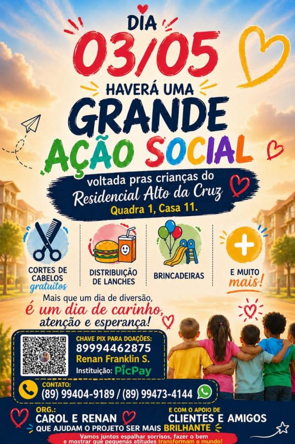 Ação social para crianças do Residencial Alto da Cruz acontece no dia 3 de maio em Floriano