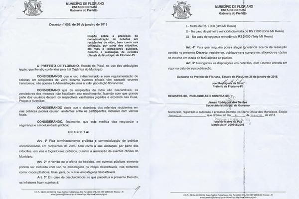 Decreto proíbe venda de bebidas em recipientes de vidro durante carnaval de Floriano