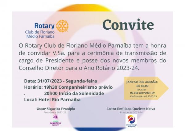 Rotary Club de Floriano Médio Parnaíba realiza a transmissão de Cargo e Posse 2023-24 nesta segunda