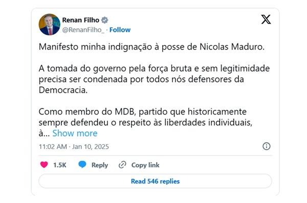 Renan Filho afirmou, em publica&ccedil;&atilde;o no X(Imagem:Reprodu&ccedil;&atilde;o/X)