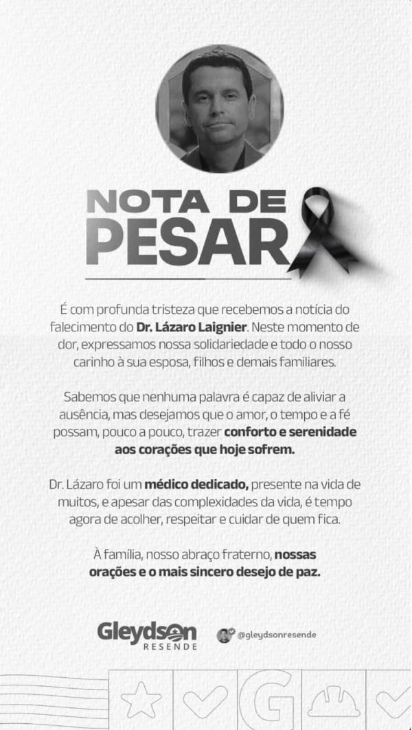Prefeitura de Bar&atilde;o de Graja&uacute; decreta luto oficial de tr&ecirc;s dias pelo falecimento do m&eacute;dico L&aacute;zaro Laignier.(Imagem:Divulga&ccedil;&atilde;o)
