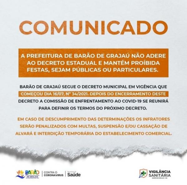 Barão de Grajaú não adere ao decreto estadual e mantém a proibição de festas
