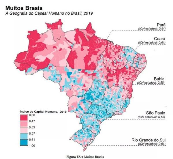  &Iacute;ndice de Capital Humano &eacute; mais baixo no Norte e Nordeste, mas h&aacute; tamb&eacute;m desigualdades significativas dentro dos Estados e das regi&otilde;es.(Imagem:Banco Mundial )