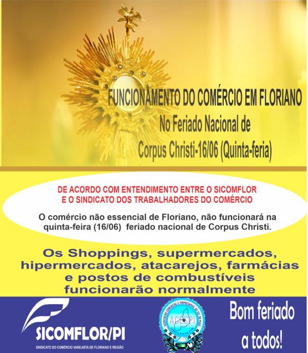 Feriado de Corpus Christi: saiba como ir&aacute; funcionar o com&eacute;rcio de Floriano(Imagem:Divulga&ccedil;&atilde;o)