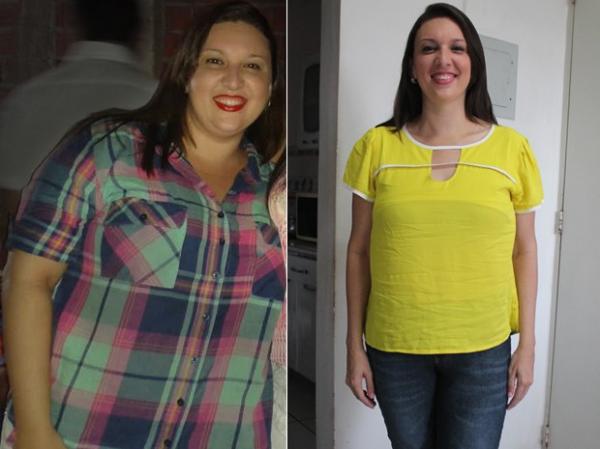 &Agrave; esquerda, Cynthia ainda pesava 100 kg e ao lado aparece com 41 kg a menos.(Imagem:Arquivo Pessoal)