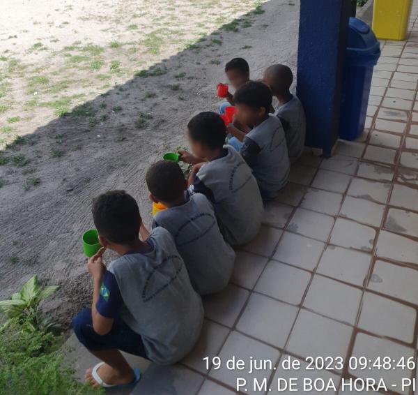 TCE-PI flagra crianças fazendo refeições sentadas no chão de pátio de escola